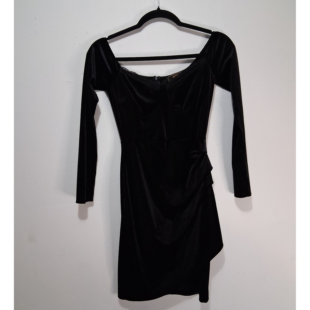 Elegant Size XS Velvet Black Long Sleeve Dress Sq Neck Bodycon Cocktail Party